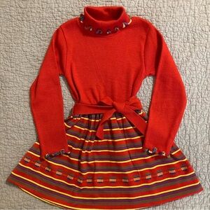 Vintage Healthtex 70s Red Striped Turtleneck Dress Apples Size 5